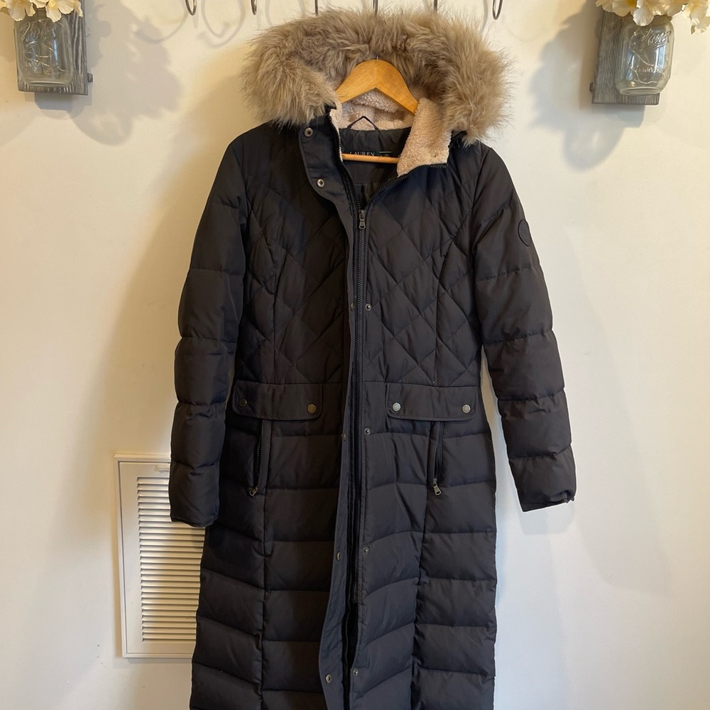 Women's Black Quilted Long Coat with Fur Trim